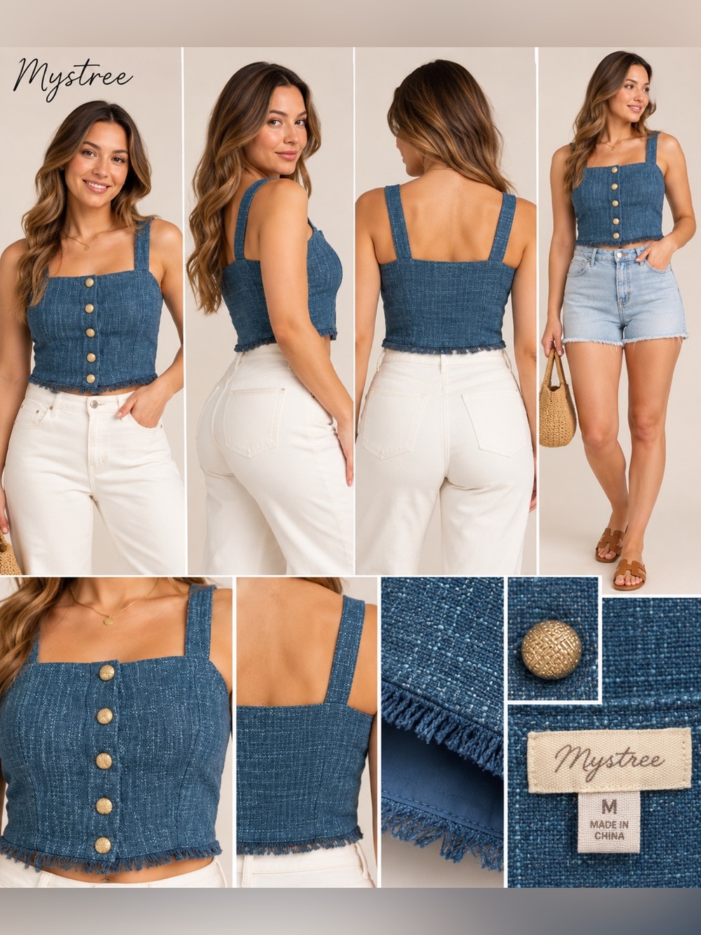 Mystree Blue Textured Square Neck Crop Tank Gold Buttons NWT M